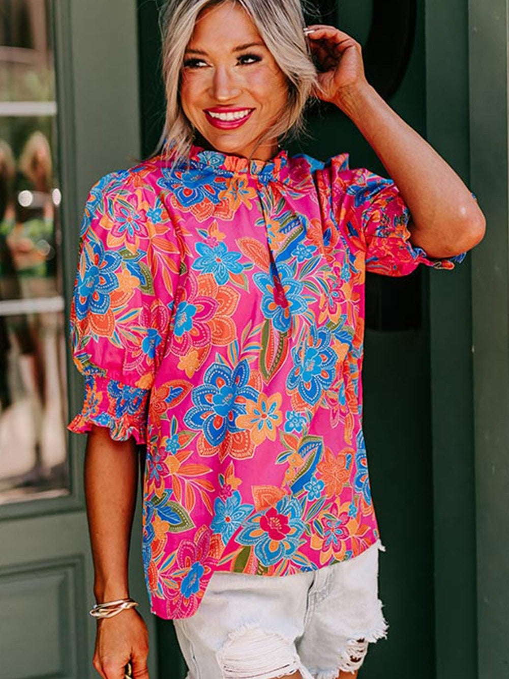 Rose Boho Floral Print Mock Neck Puff Sleeve Blouse