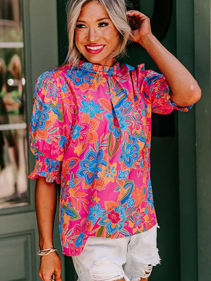 Rose Boho Floral Print Mock Neck Puff Sleeve Blouse
