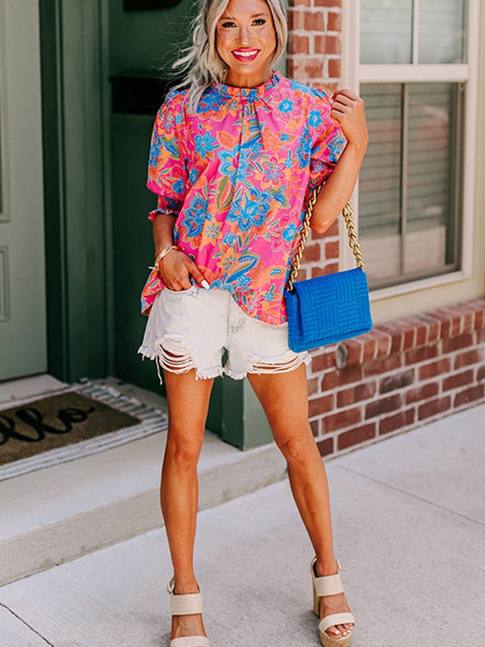 Rose Boho Floral Print Mock Neck Puff Sleeve Blouse