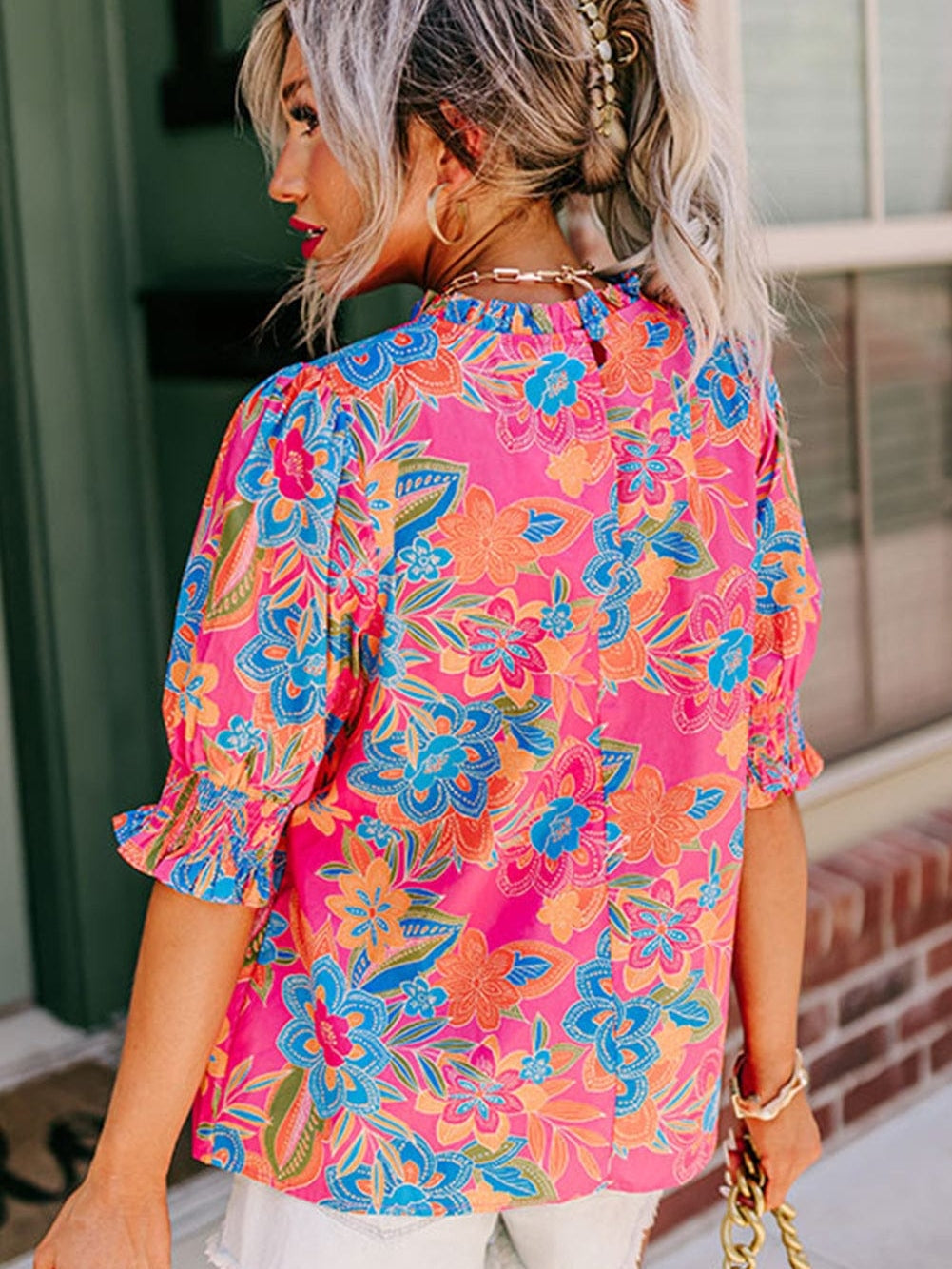 Rose Boho Floral Print Mock Neck Puff Sleeve Blouse