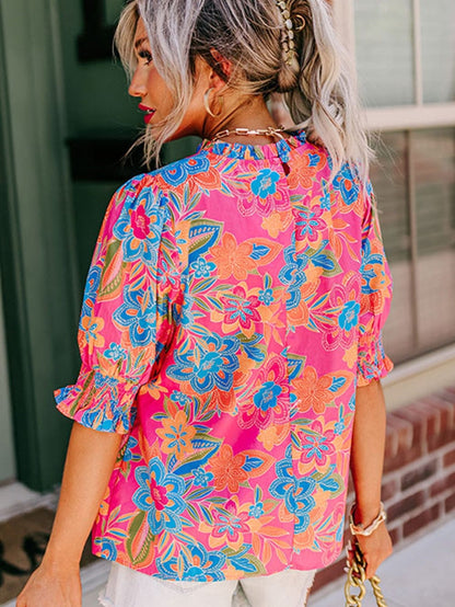Rose Boho Floral Print Mock Neck Puff Sleeve Blouse