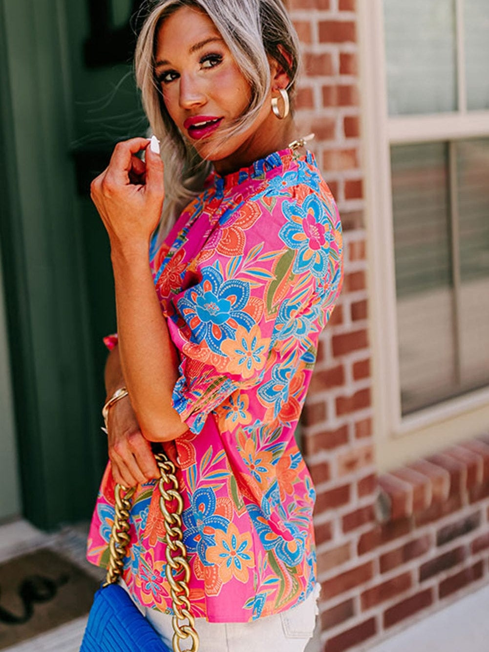 Rose Boho Floral Print Mock Neck Puff Sleeve Blouse