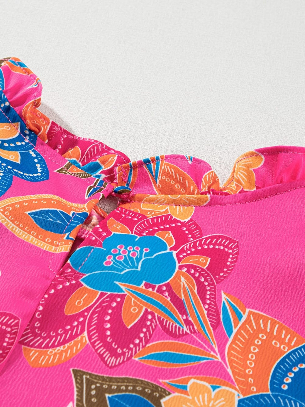 Rose Boho Floral Print Mock Neck Puff Sleeve Blouse