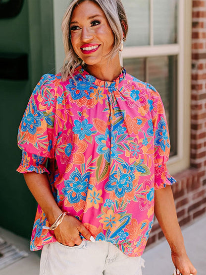 Rose Boho Floral Print Mock Neck Puff Sleeve Blouse