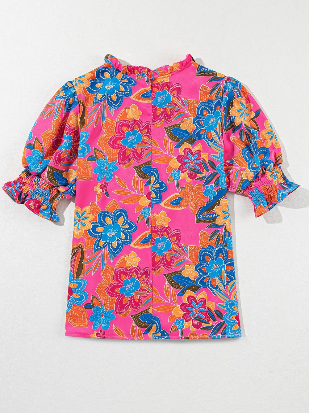 Rose Boho Floral Print Mock Neck Puff Sleeve Blouse