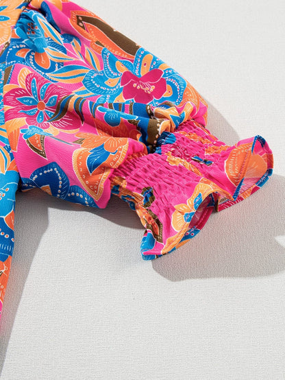 Rose Boho Floral Print Mock Neck Puff Sleeve Blouse