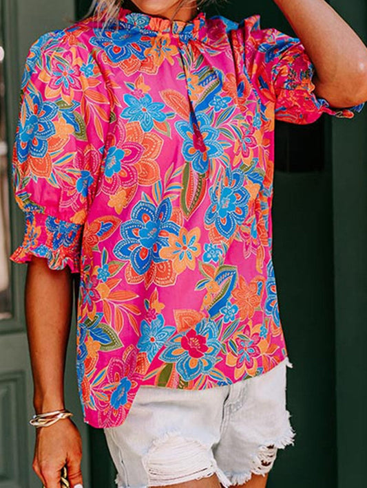 Rose Boho Floral Print Mock Neck Puff Sleeve Blouse