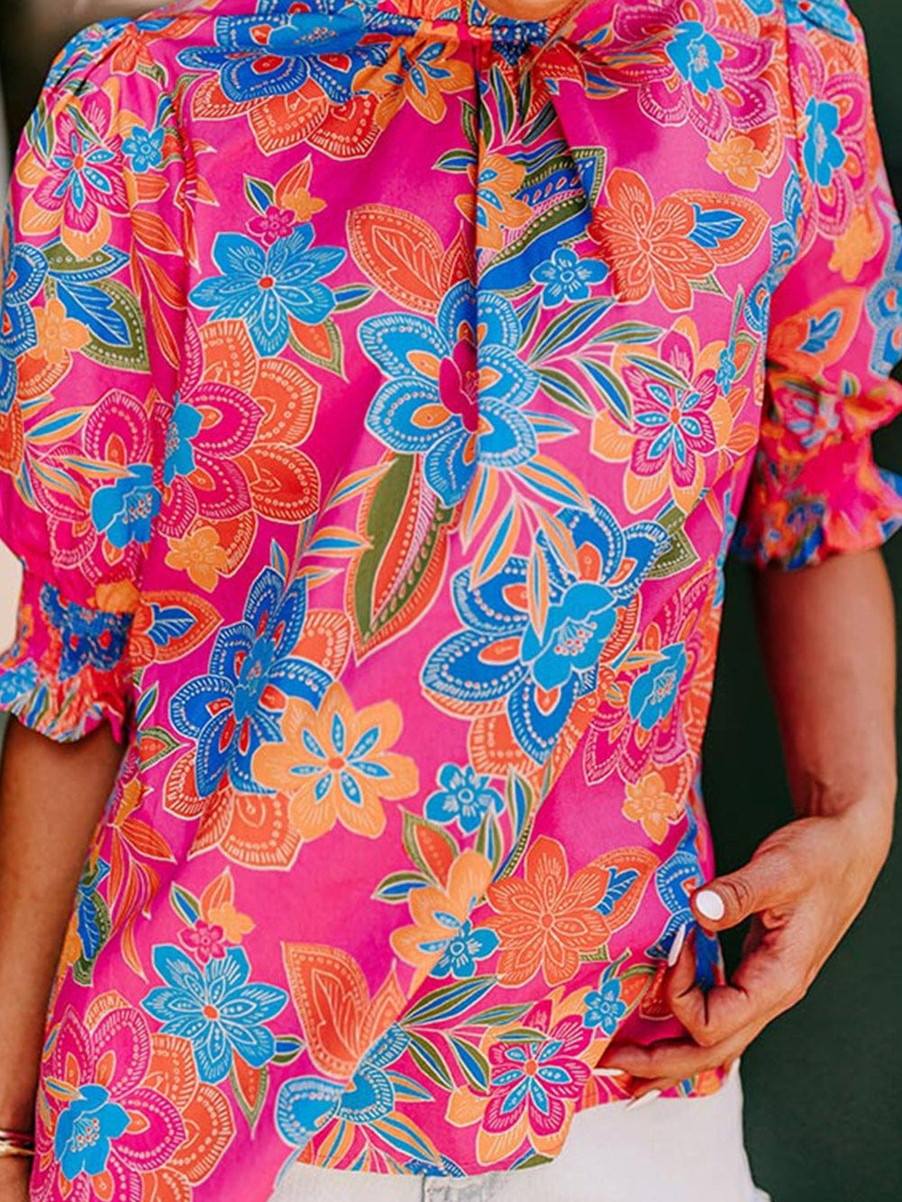 Rose Boho Floral Print Mock Neck Puff Sleeve Blouse