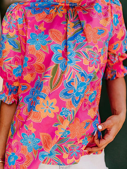 Rose Boho Floral Print Mock Neck Puff Sleeve Blouse