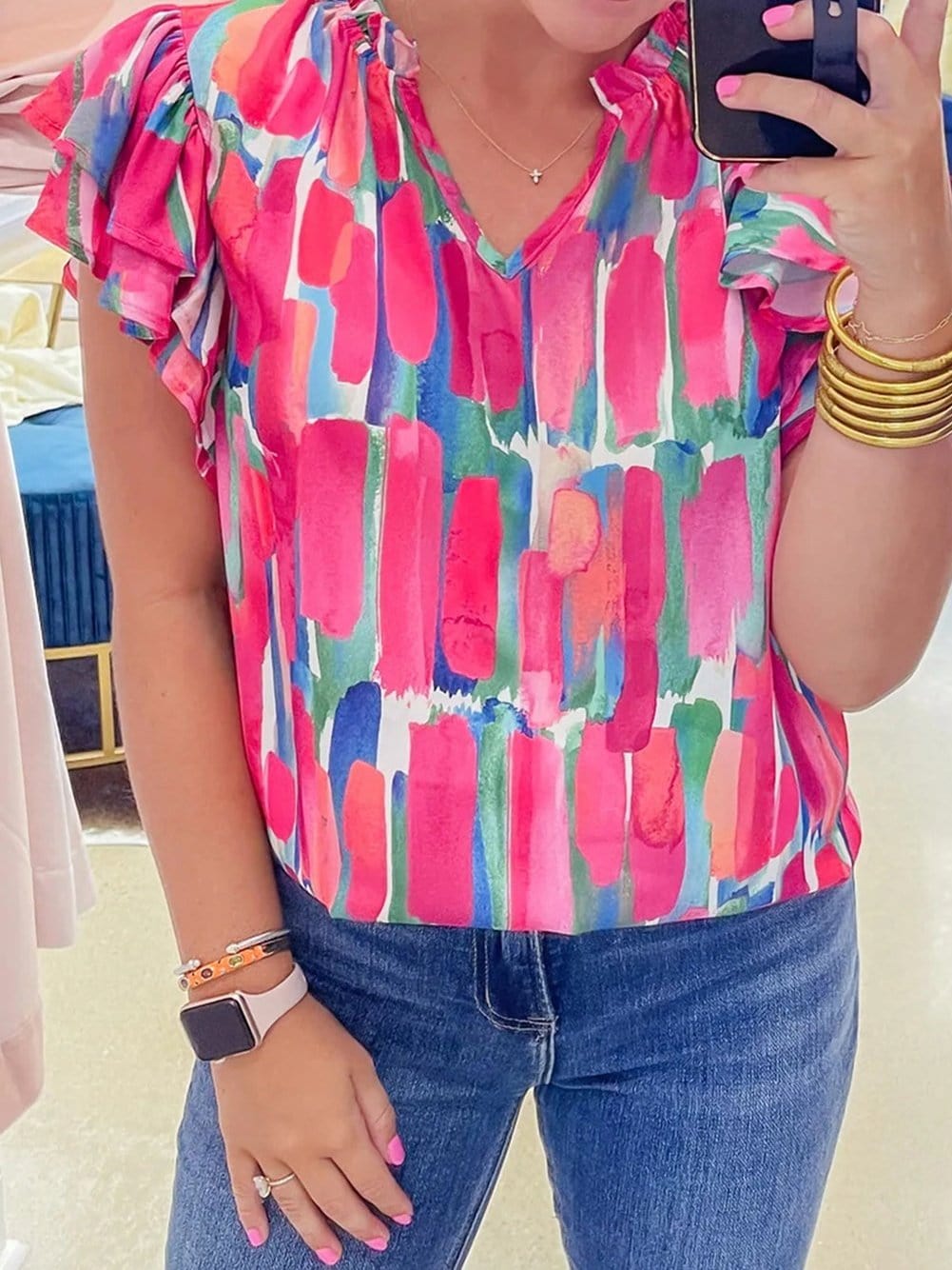 Rose Brush Print Ruffle Sleeve V-Neck Blouse with Abstract Design