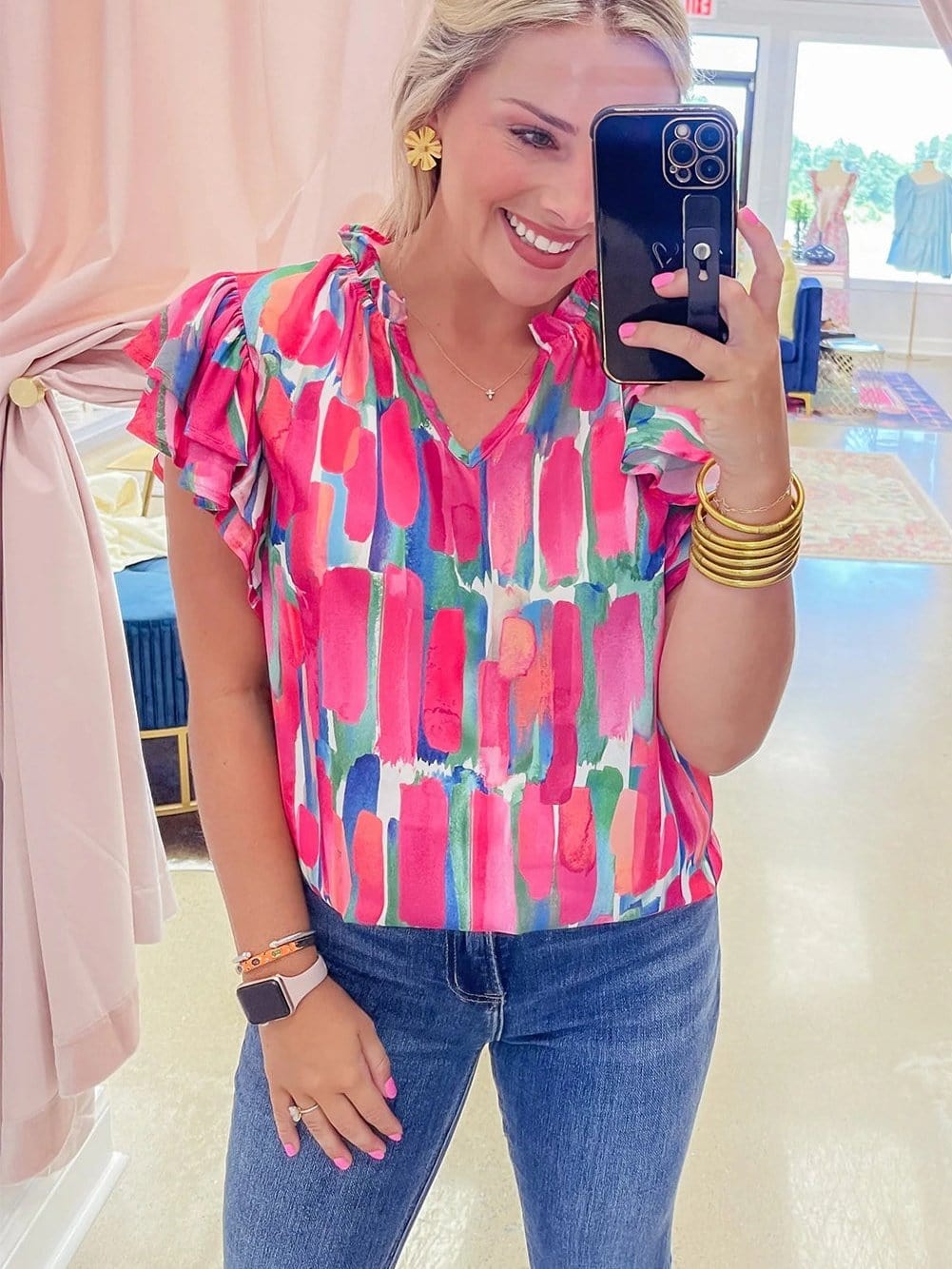 Rose Brush Print Ruffle Sleeve V-Neck Blouse with Abstract Design