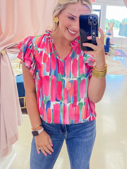Rose Brush Print Ruffle Sleeve V-Neck Blouse with Abstract Design