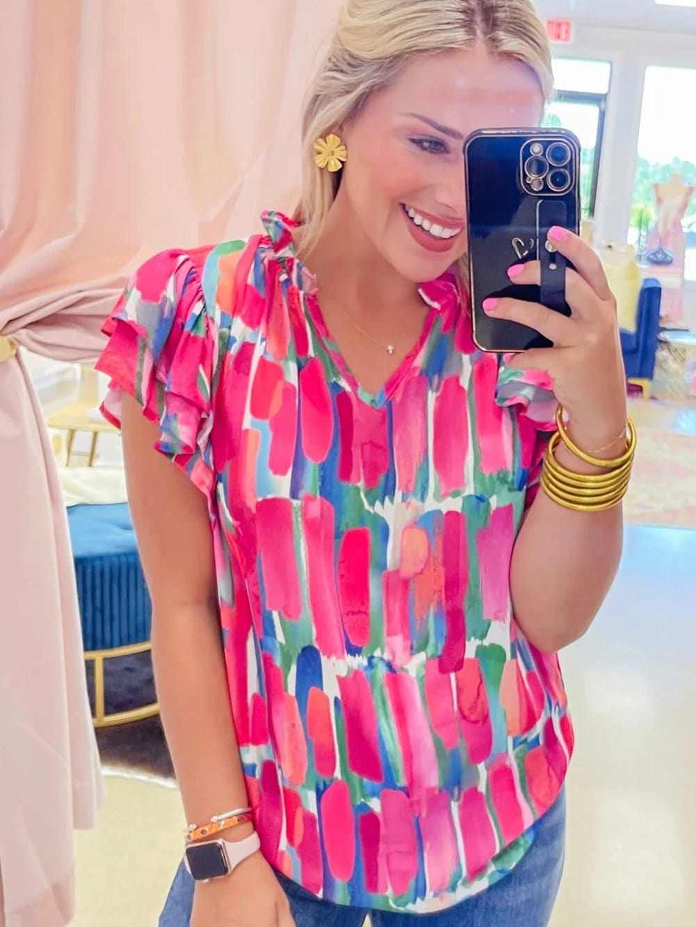 Rose Brush Print Ruffle Sleeve V-Neck Blouse with Abstract Design