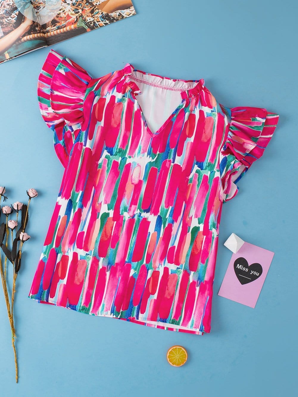 Rose Brush Print Ruffle Sleeve V-Neck Blouse with Abstract Design