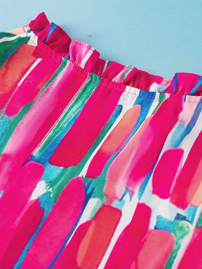 Rose Brush Print Ruffle Sleeve V-Neck Blouse with Abstract Design