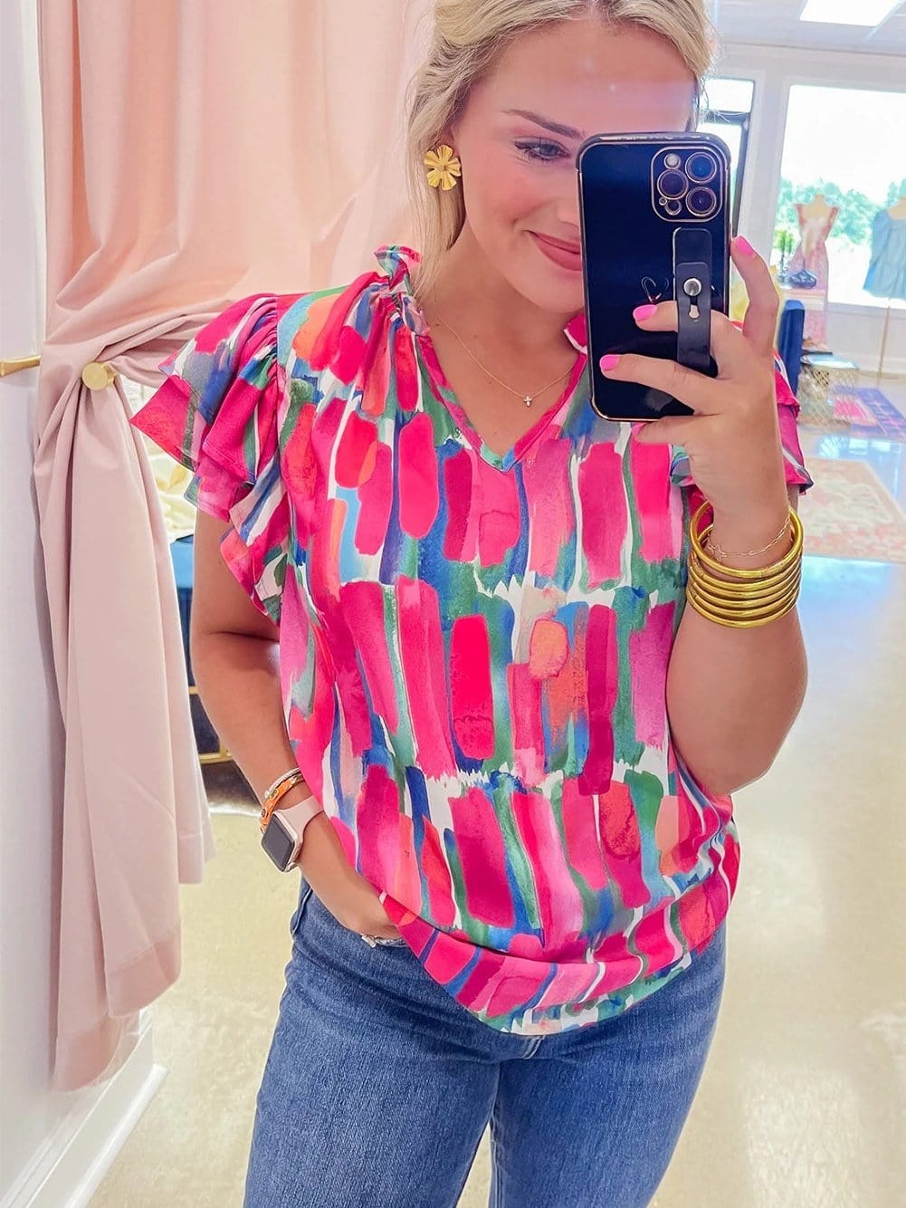 Rose Brush Print Ruffle Sleeve V-Neck Blouse with Abstract Design