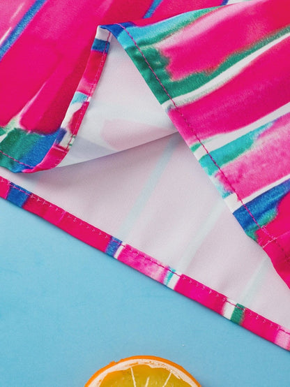 Rose Brush Print Ruffle Sleeve V-Neck Blouse with Abstract Design