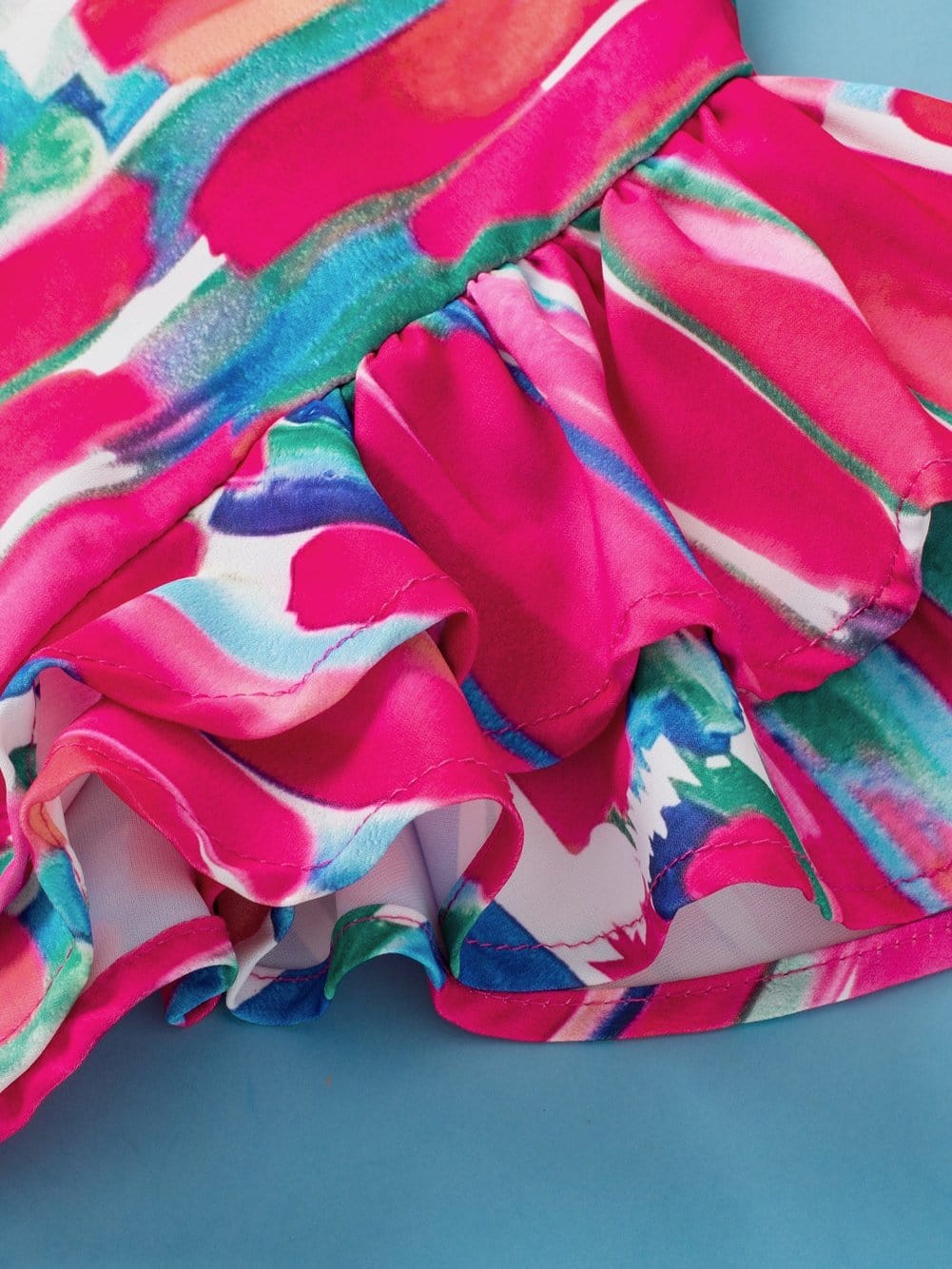 Rose Brush Print Ruffle Sleeve V-Neck Blouse with Abstract Design