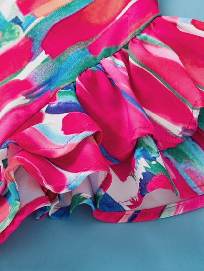 Rose Brush Print Ruffle Sleeve V-Neck Blouse with Abstract Design