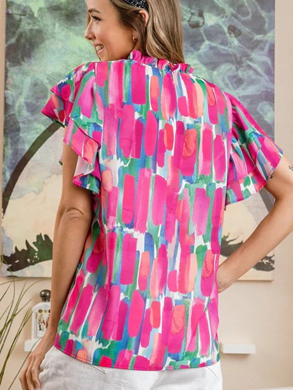 Rose Brush Print Ruffle Sleeve V-Neck Blouse with Abstract Design