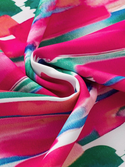 Rose Brush Print Ruffle Sleeve V-Neck Blouse with Abstract Design