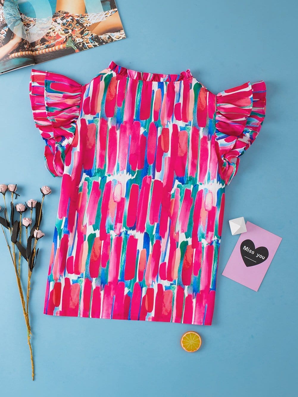 Rose Brush Print Ruffle Sleeve V-Neck Blouse with Abstract Design