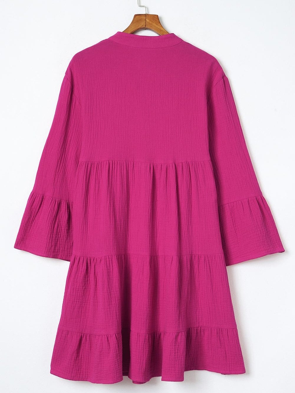 Rose Crinkled Tiered Split Neck Shirt Dress - Elegant Pink Cotton & Linen Mini Dress