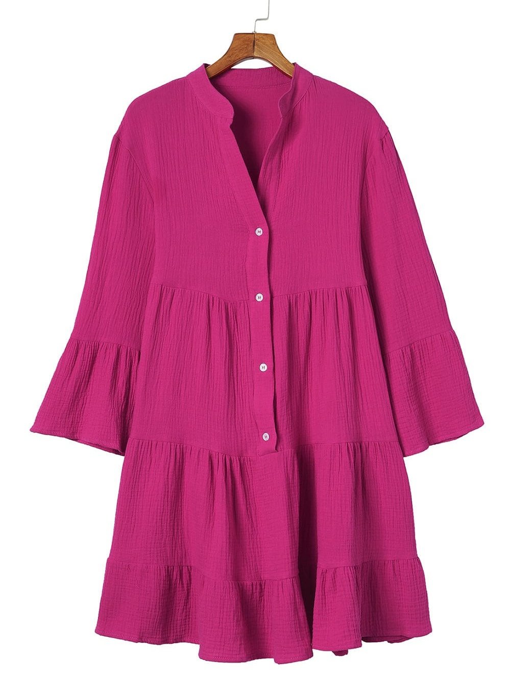 Rose Crinkled Tiered Split Neck Shirt Dress - Elegant Pink Cotton & Linen Mini Dress