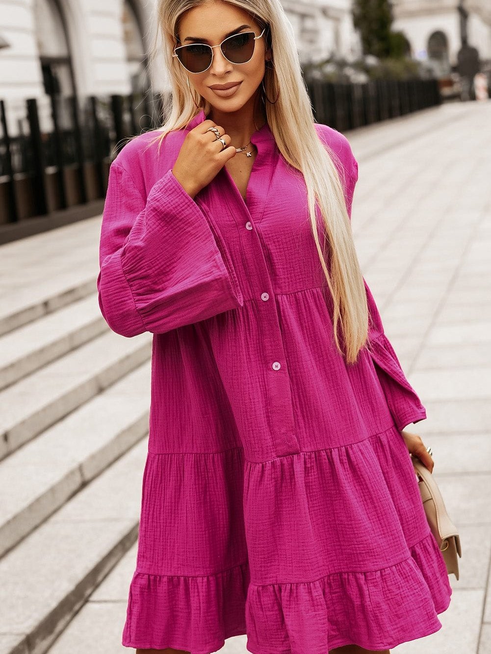 Rose Crinkled Tiered Split Neck Shirt Dress - Elegant Pink Cotton & Linen Mini Dress