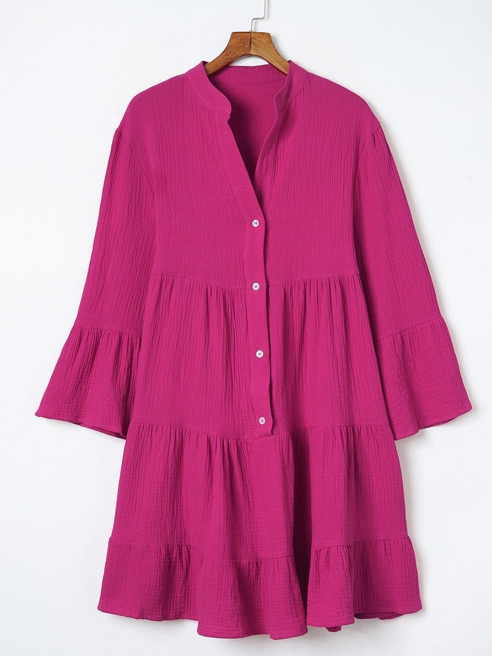 Rose Crinkled Tiered Split Neck Shirt Dress - Elegant Pink Cotton & Linen Mini Dress