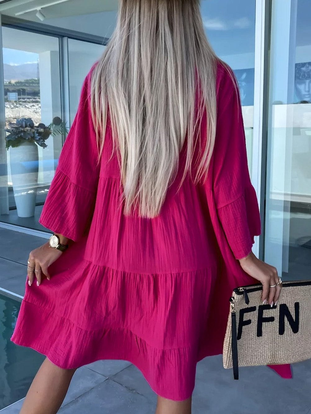 Rose Crinkled Tiered Split Neck Shirt Dress - Elegant Pink Cotton & Linen Mini Dress