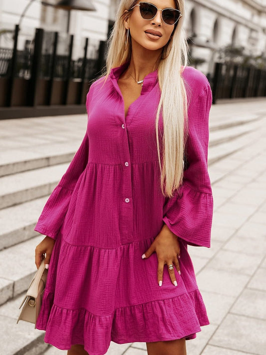 Rose Crinkled Tiered Split Neck Shirt Dress - Elegant Pink Cotton & Linen Mini Dress