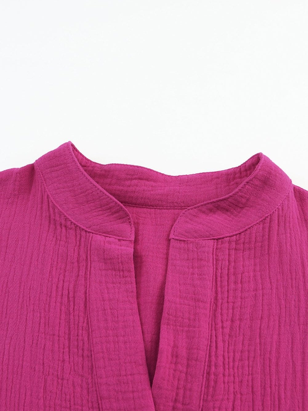 Rose Crinkled Tiered Split Neck Shirt Dress - Elegant Pink Cotton & Linen Mini Dress