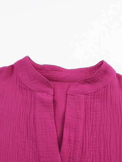 Rose Crinkled Tiered Split Neck Shirt Dress - Elegant Pink Cotton & Linen Mini Dress