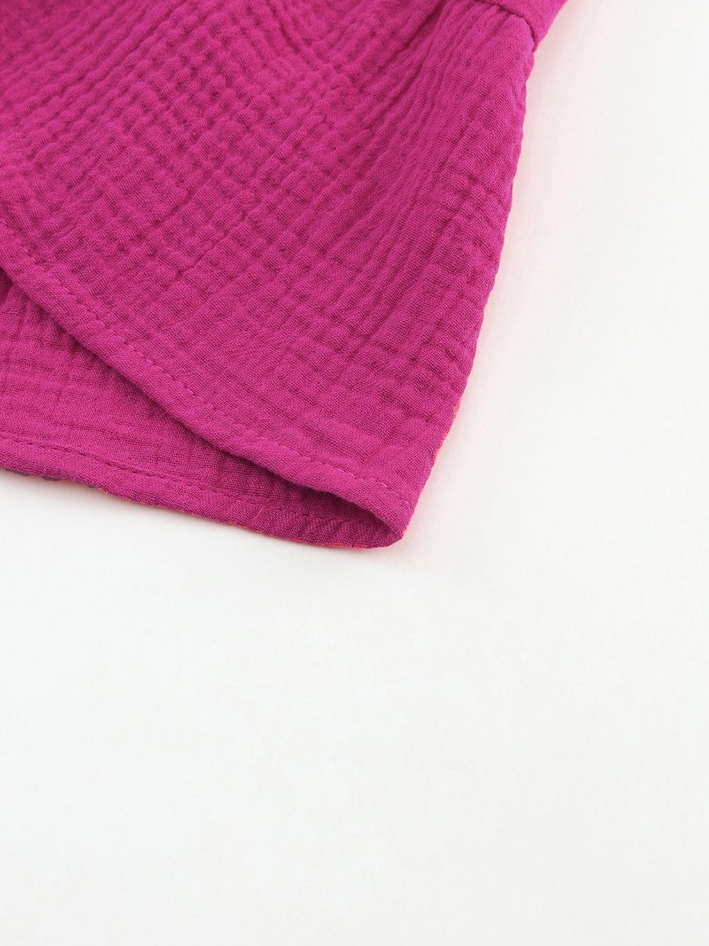 Rose Crinkled Tiered Split Neck Shirt Dress - Elegant Pink Cotton & Linen Mini Dress