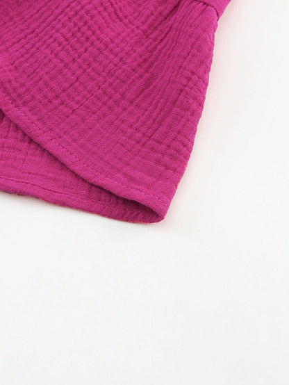 Rose Crinkled Tiered Split Neck Shirt Dress - Elegant Pink Cotton & Linen Mini Dress