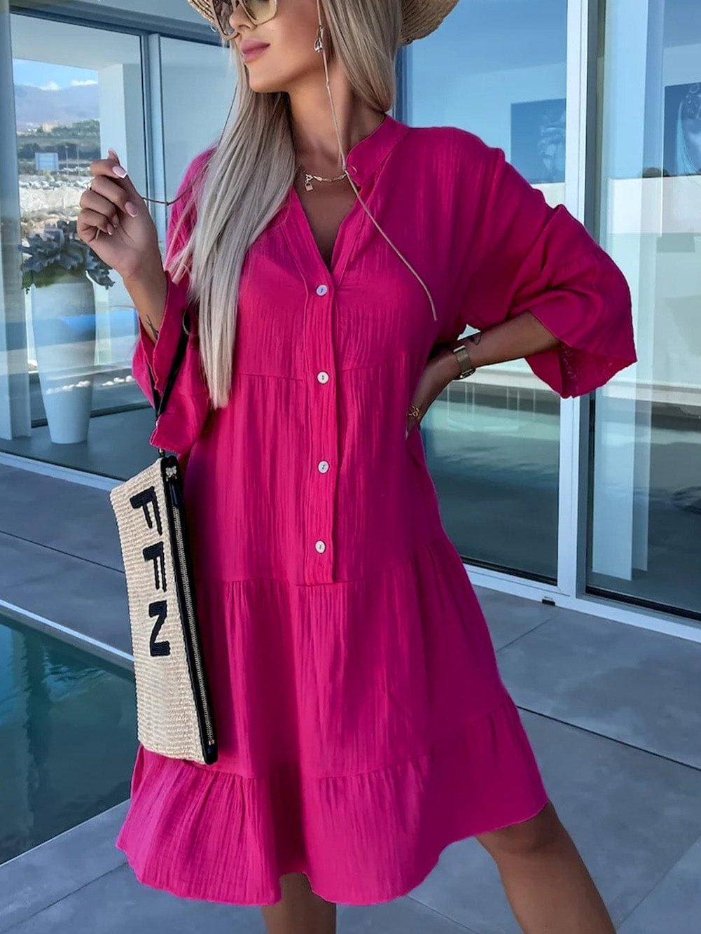 Rose Crinkled Tiered Split Neck Shirt Dress - Elegant Pink Cotton & Linen Mini Dress