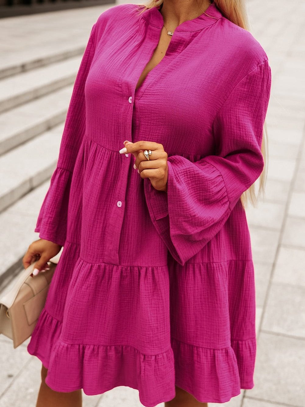 Rose Crinkled Tiered Split Neck Shirt Dress - Elegant Pink Cotton & Linen Mini Dress