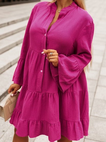 Rose Crinkled Tiered Split Neck Shirt Dress - Elegant Pink Cotton & Linen Mini Dress
