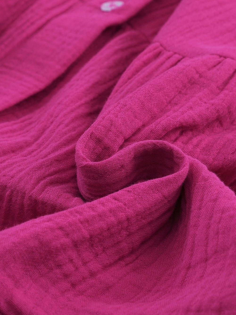 Rose Crinkled Tiered Split Neck Shirt Dress - Elegant Pink Cotton & Linen Mini Dress