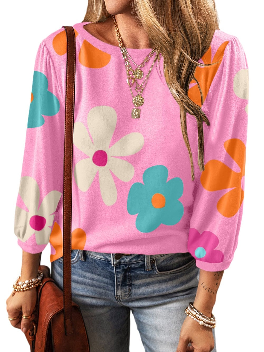 Rose Floral Print Bracelet Sleeve Top for Women