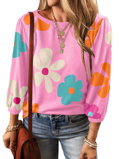 Rose Floral Print Bracelet Sleeve Top for Women