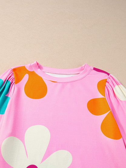 Rose Floral Print Bracelet Sleeve Top for Women