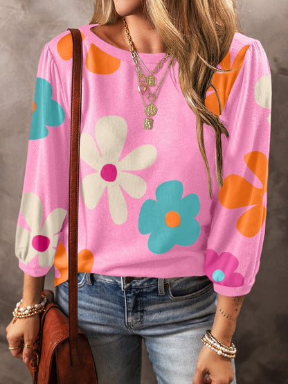 Rose Floral Print Bracelet Sleeve Top for Women