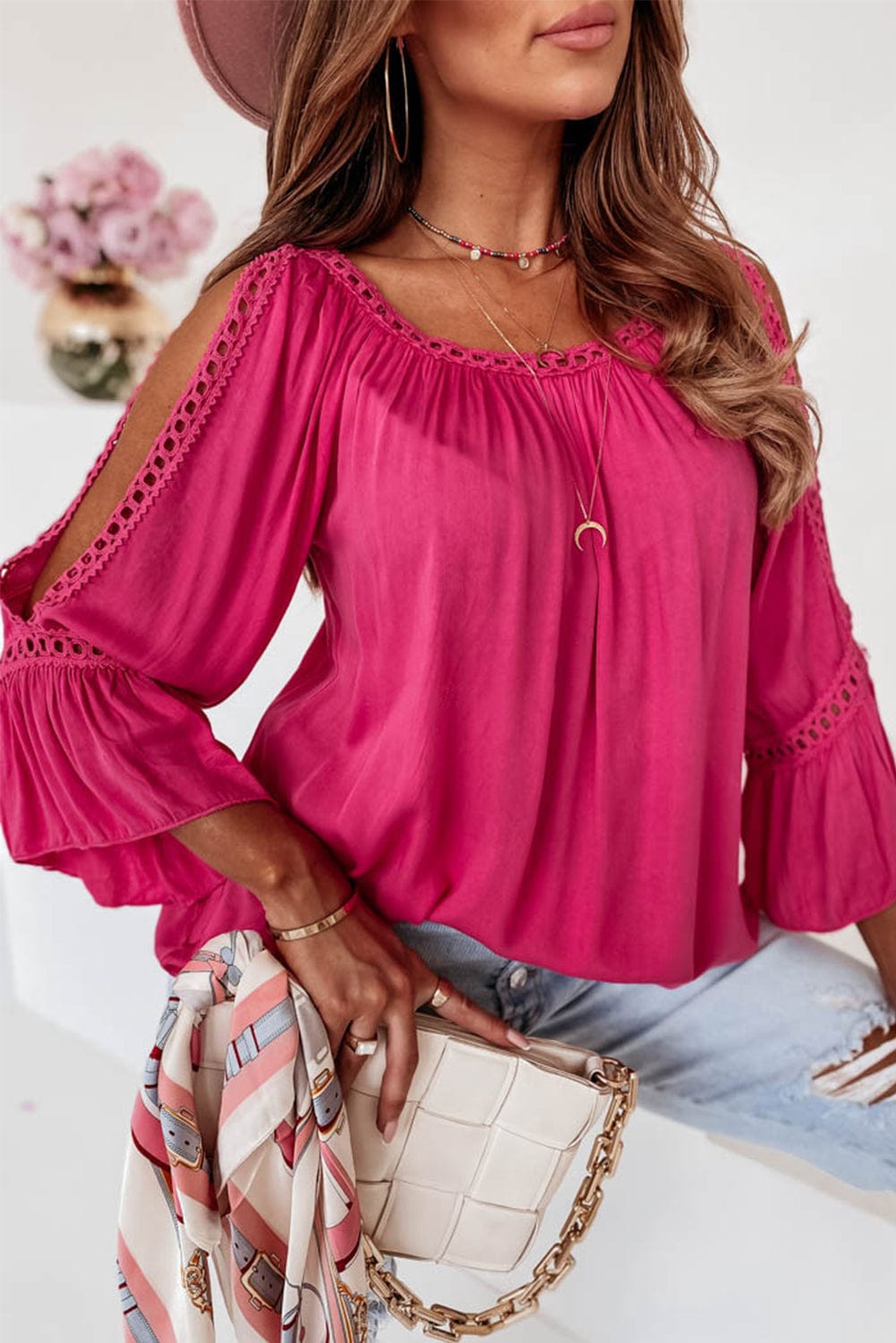 Rose Lace Crochet Sleeve Ruffle Blouse with Cut-Out Details