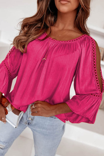 Rose Lace Crochet Sleeve Ruffle Blouse with Cut-Out Details