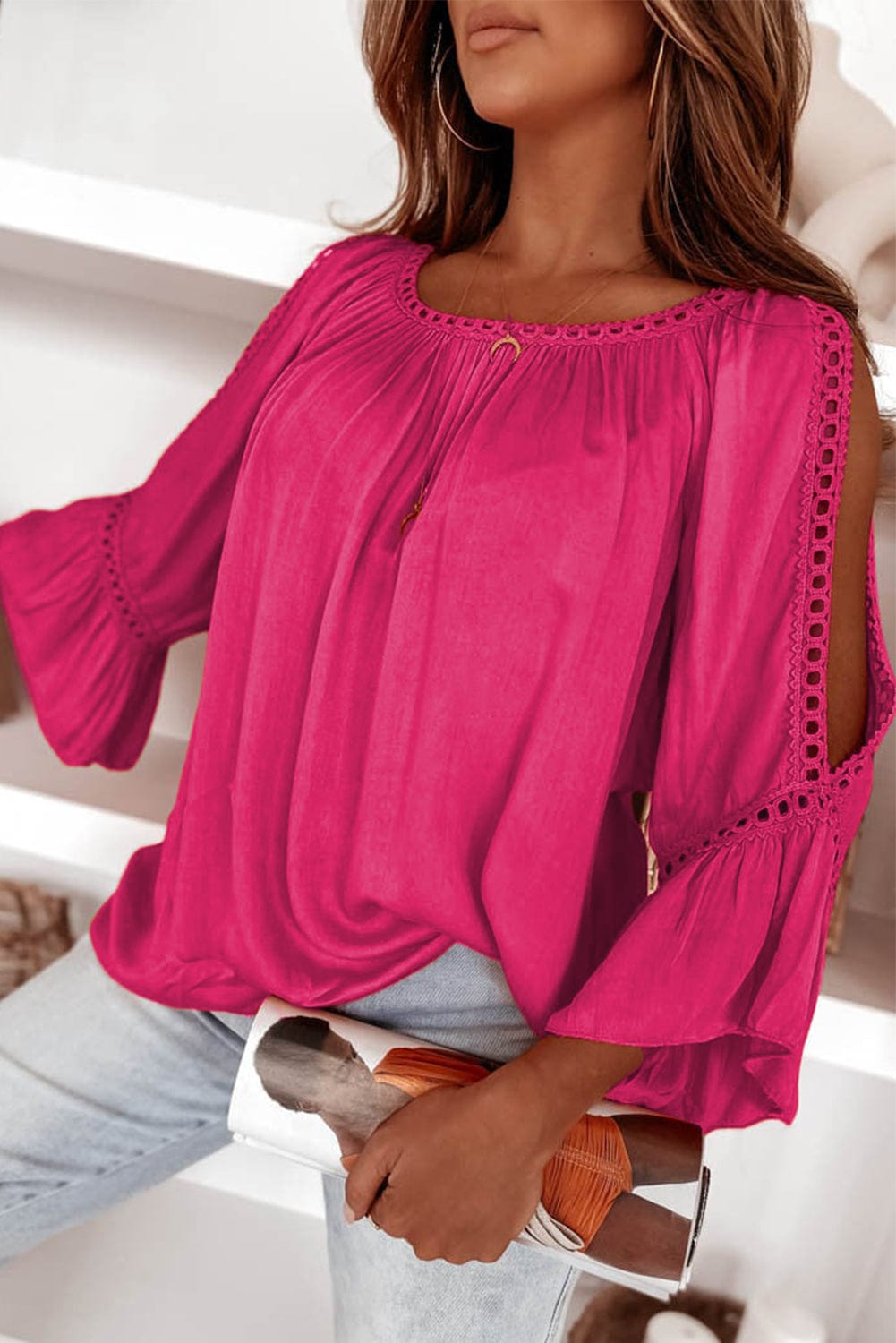Rose Lace Crochet Sleeve Ruffle Blouse with Cut-Out Details