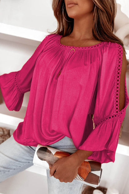 Rose Lace Crochet Sleeve Ruffle Blouse with Cut-Out Details