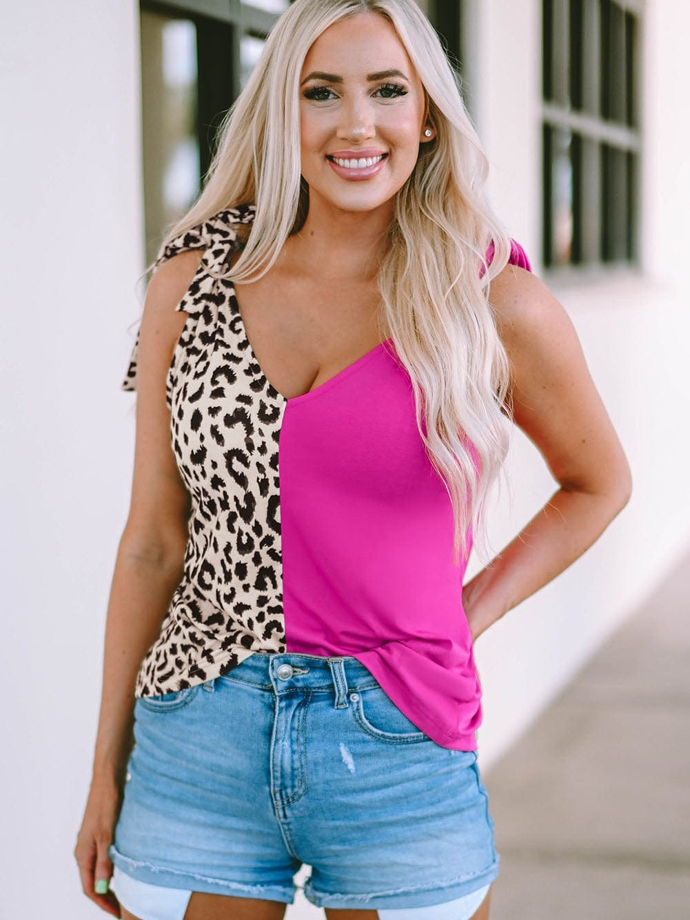 Rose Leopard Patchwork Tie Strap V-Neck Tank Top