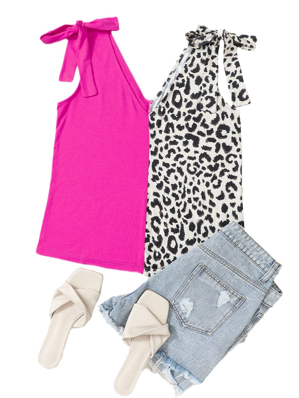 Rose Leopard Patchwork Tie Strap V-Neck Tank Top